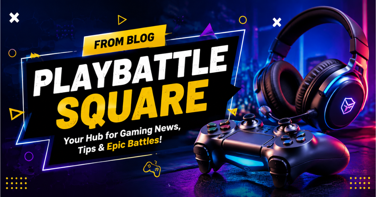 PlayBattle Square gaming blog banner featuring a neon gaming setup with controller, headset, and cyberpunk background.