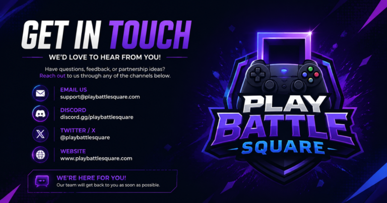 PlayBattleSquare contact banner with gaming controller design.