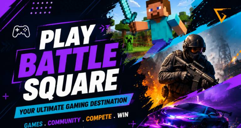 Playbattlesquare gaming platform banner with Minecraft and online gaming features.