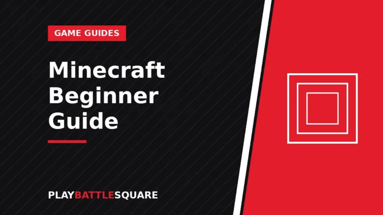 Minecraft beginner guide showing a player with a crafting table, wooden pickaxe, and small shelter at sunset