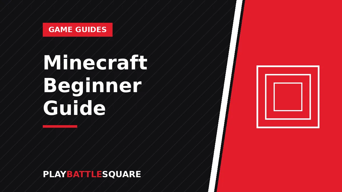 Minecraft beginner guide showing a player with a crafting table, wooden pickaxe, and small shelter at sunset